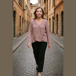 Olivaceous Dusty Rose Crossover Long Sleeved Blouse with  Flared Sleeves